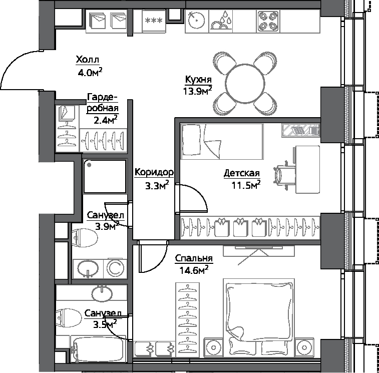 2-комнатная, 57 м²– 2