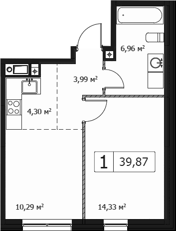 2Е-комнатная, 39.87 м²– 2