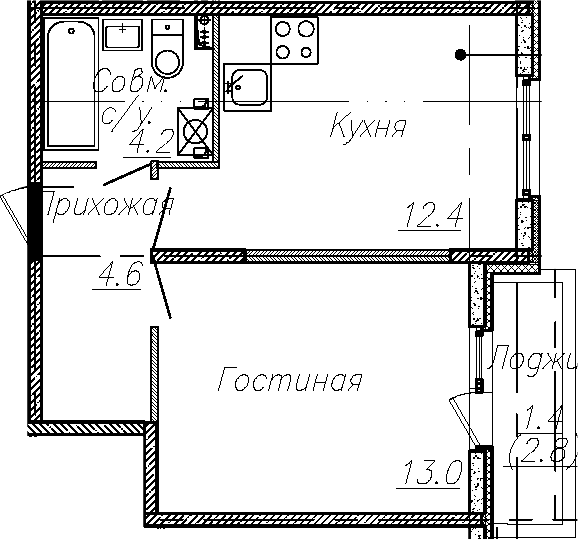 1-комнатная, 34.2 м²– 2