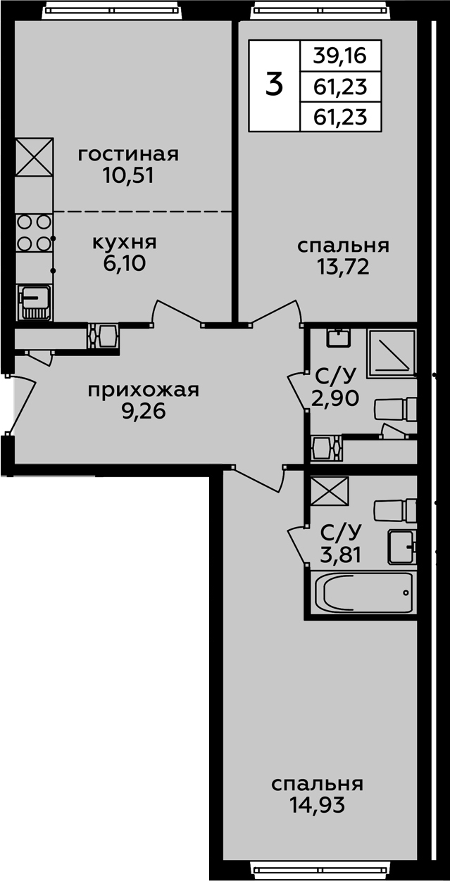 3Е-к.кв, 61.23 м²