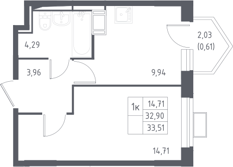 1-комнатная, 33.51 м²– 2