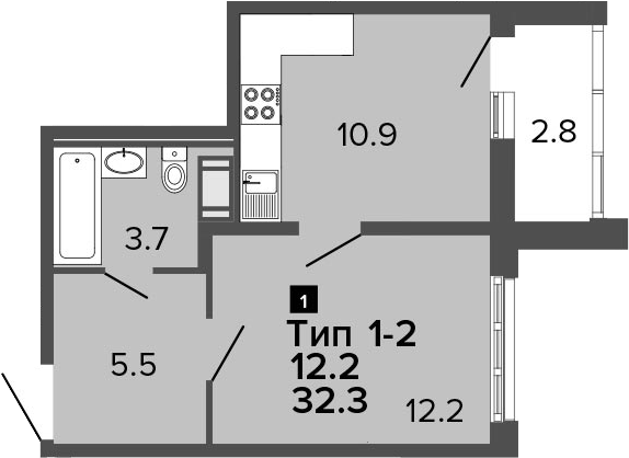 1-комнатная, 32.3 м²– 2