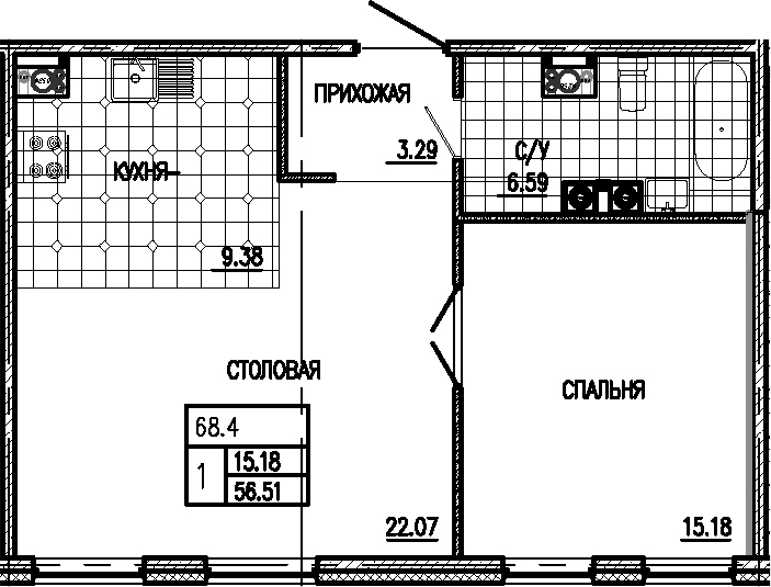 2Е-комнатная, 56.51 м²– 2