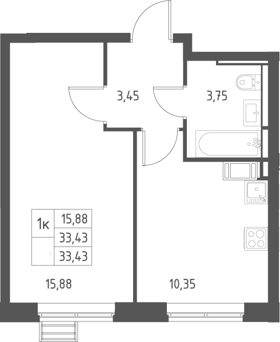 1-комнатная, 33.43 м²– 2