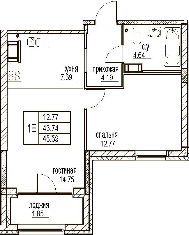 2Е-комнатная, 45.59 м²– 2