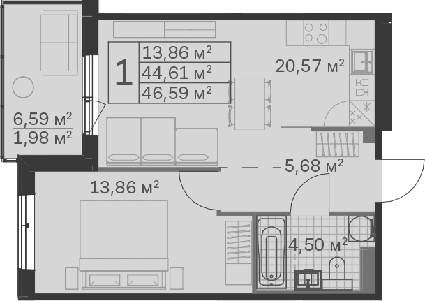 2Е-комнатная, 46.59 м²– 2