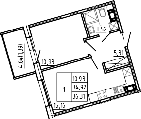 2Е-комнатная, 36.31 м²– 2