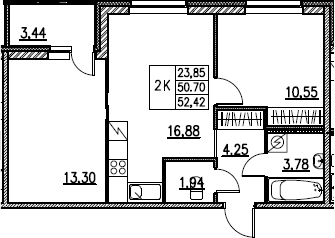 3Е-комнатная, 52.42 м²– 2