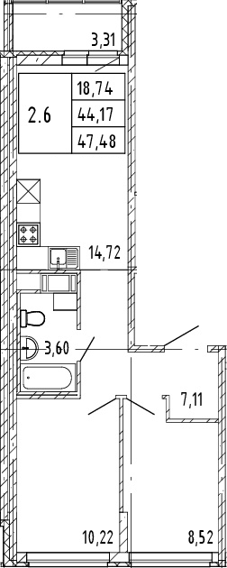 3Е-комнатная, 44.17 м²– 2