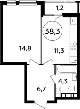 1-комнатная, 38.3 м²– 2