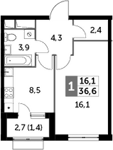 1-комнатная, 36.6 м²– 2
