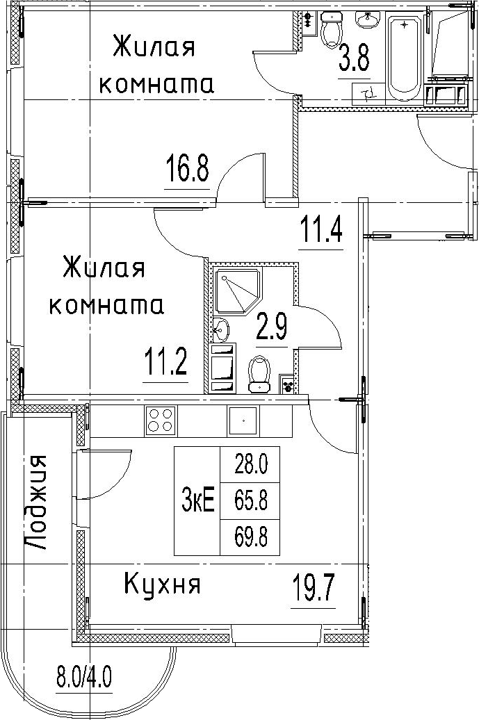 3Е-к.кв, 69.8 м²