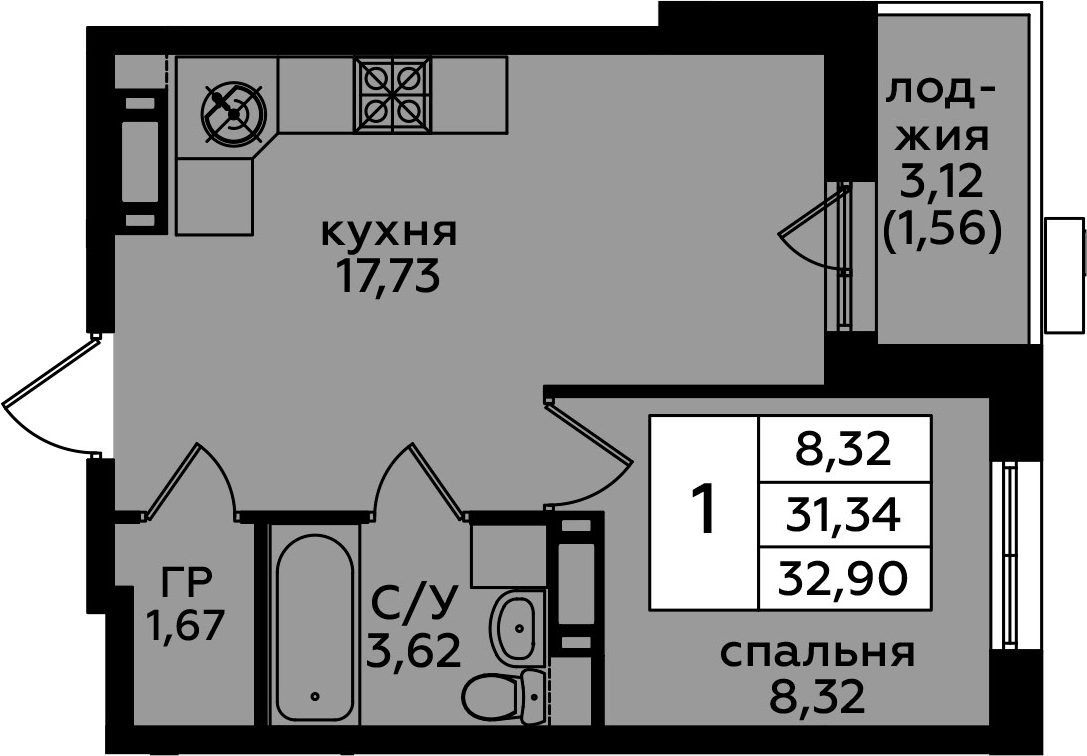 2Е-к.кв, 32.9 м²