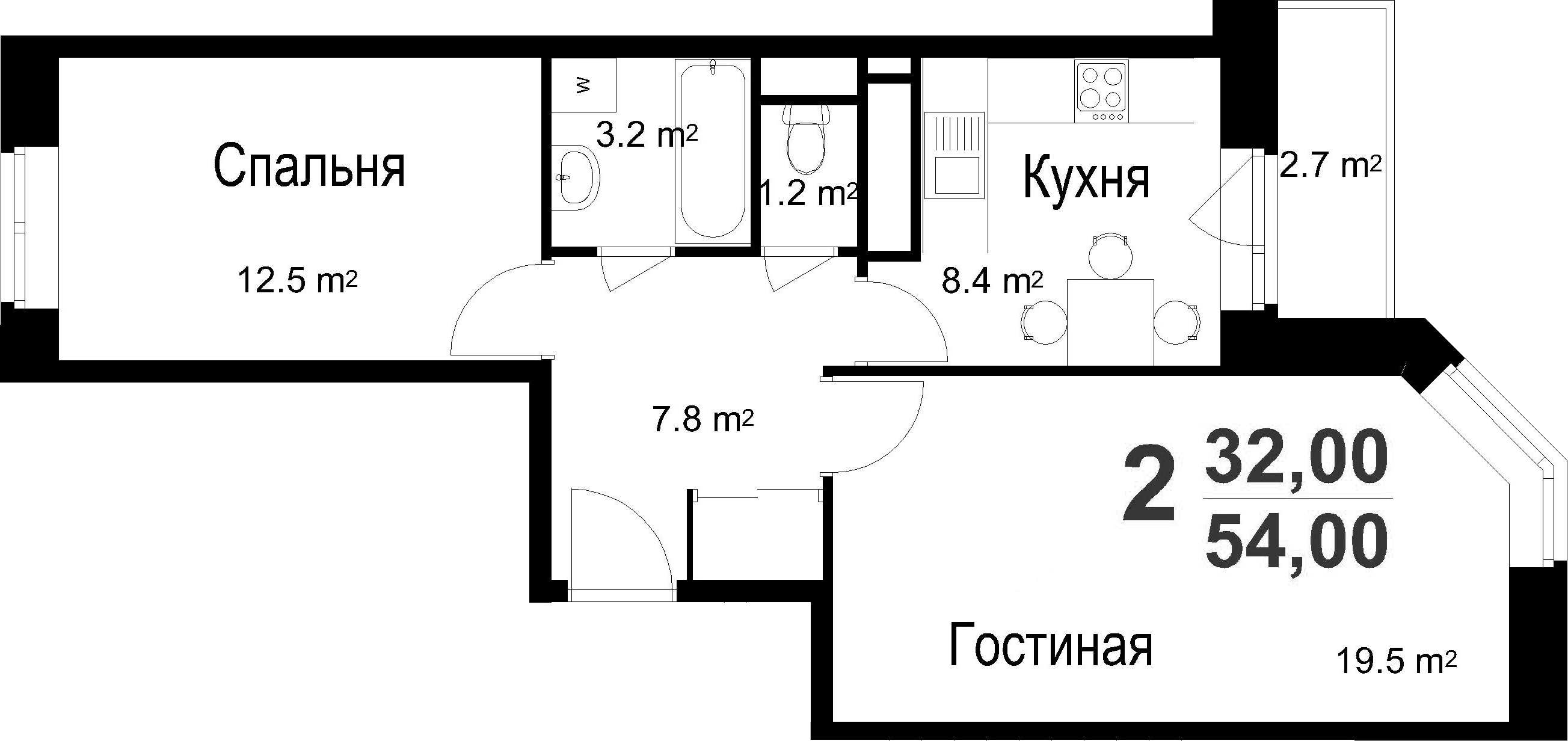2-к.кв, 54 м²