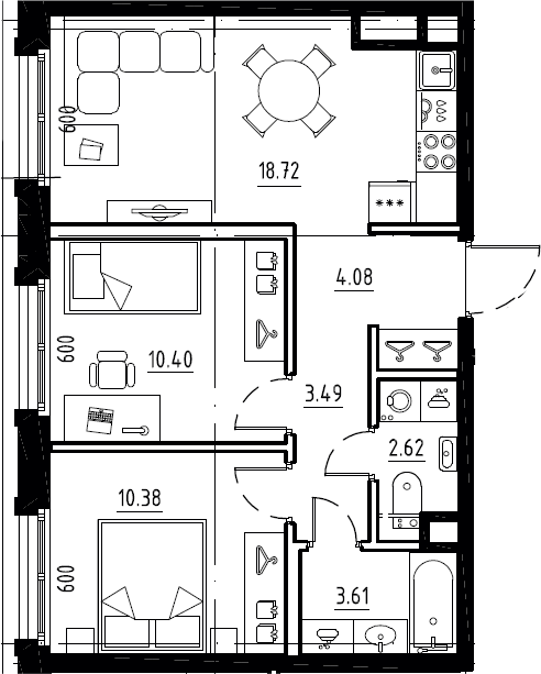3Е-комнатная, 53.3 м²– 2