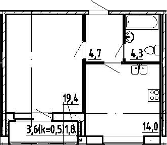 1-комнатная, 44 м²– 2