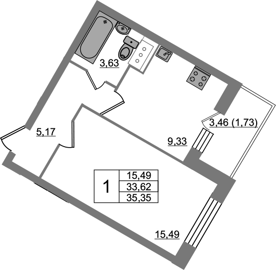 1-комнатная, 35.35 м²– 2