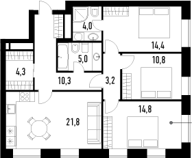 3-комнатная, 88.8 м²– 2