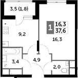 1-комнатная, 37.6 м²– 2