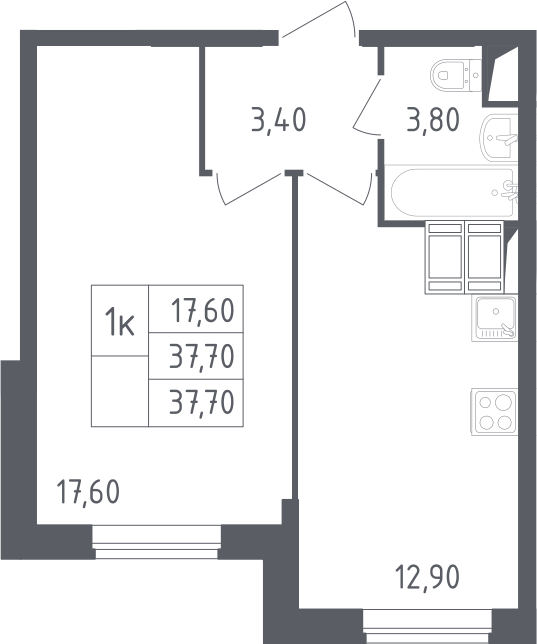 1-комнатная, 37.7 м²– 2