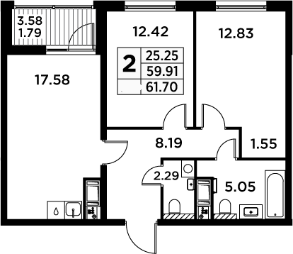 3Е-комнатная, 61.7 м²– 2
