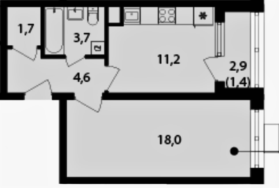 1-комнатная, 40.65 м²– 2
