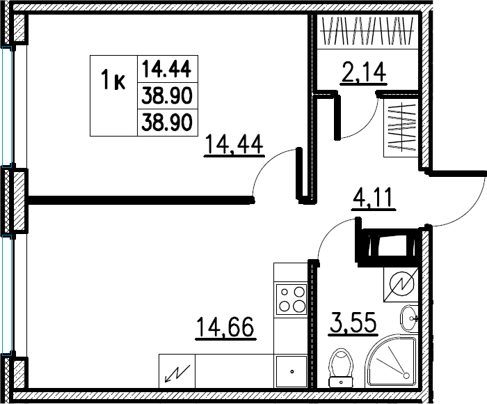 2Е-комнатная, 38.9 м²– 2