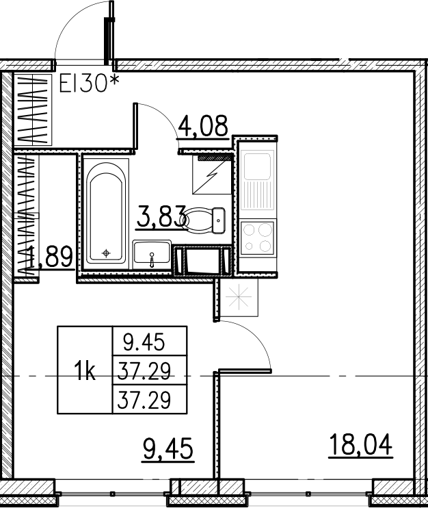 2Е-комнатная, 37.29 м²– 2