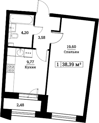 1-комнатная, 38.39 м²– 2
