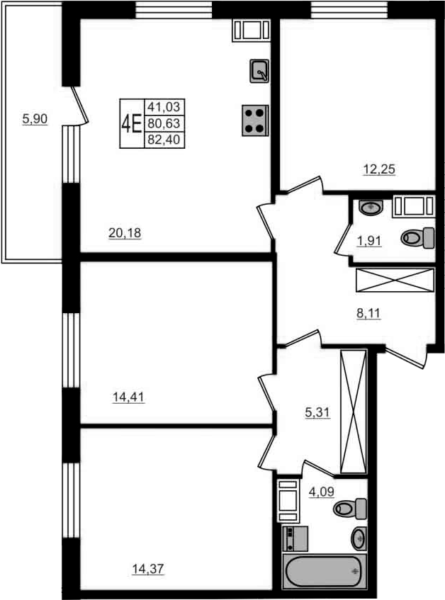 4Е-комнатная, 80.63 м²– 2