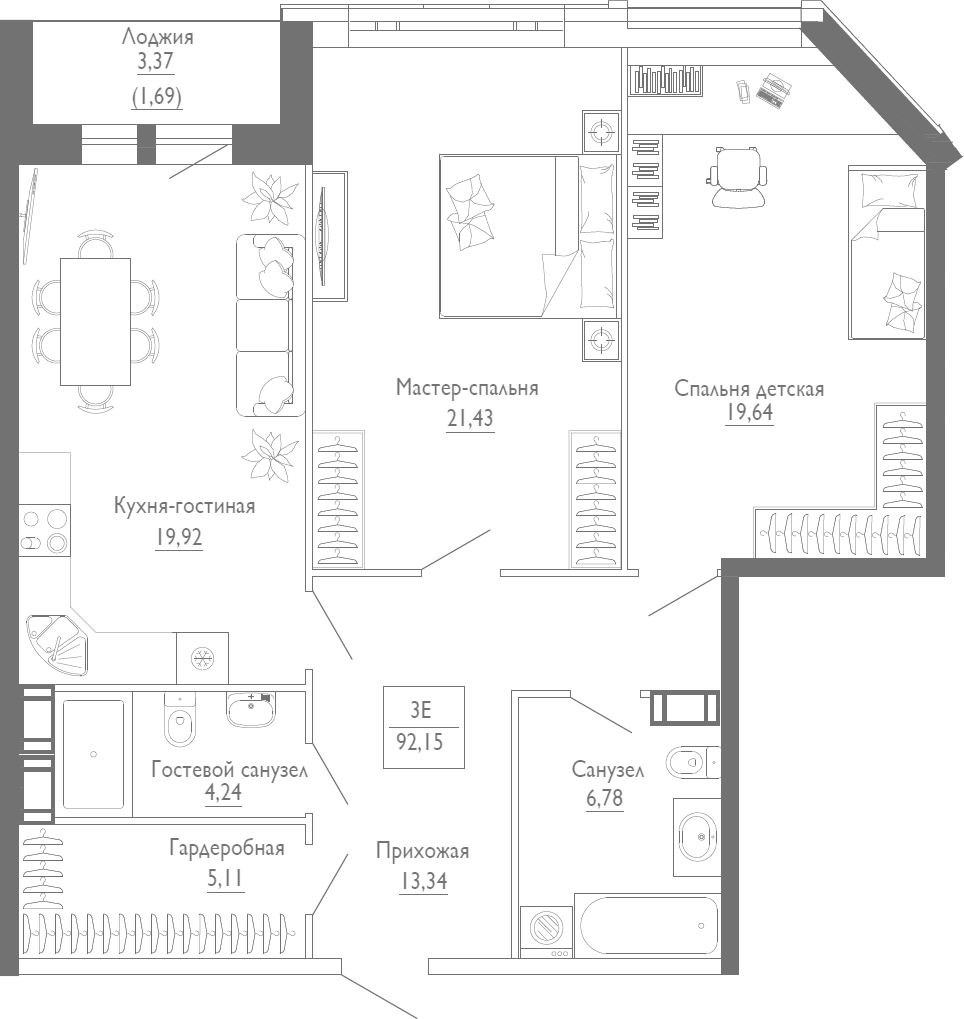 3Е-комнатная, 92.15 м²– 2