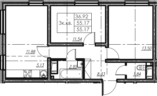 3Е-комнатная, 55.17 м²– 2