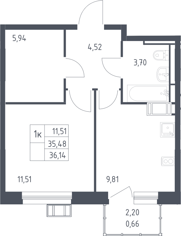 1-комнатная, 36.14 м²– 2