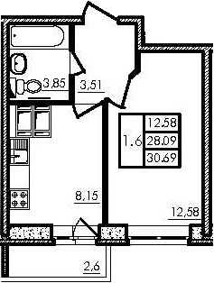 1-комнатная, 28.09 м²– 2
