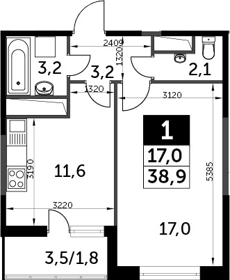 1-комнатная, 38.9 м²– 2