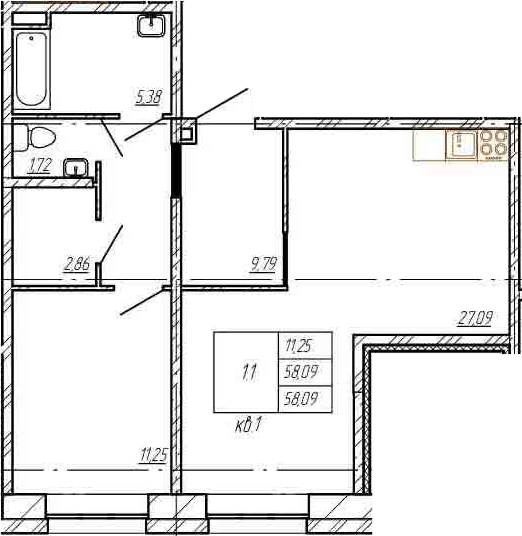 2Е-комнатная, 58.09 м²– 2