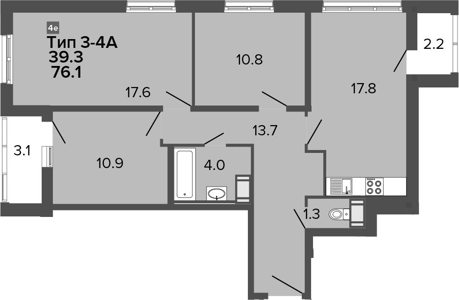 4Е-комнатная, 76.1 м²– 2