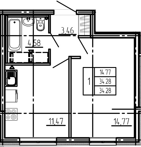 1-комнатная, 34.28 м²– 2