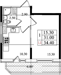 1-комнатная, 31 м²– 2