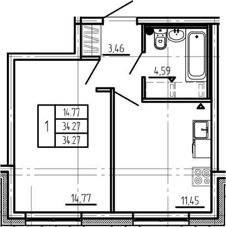 1-комнатная, 34.27 м²– 2