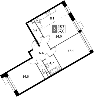 3Е-комнатная, 67 м²– 2