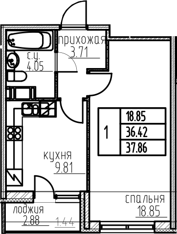 1-комнатная, 37.86 м²– 2