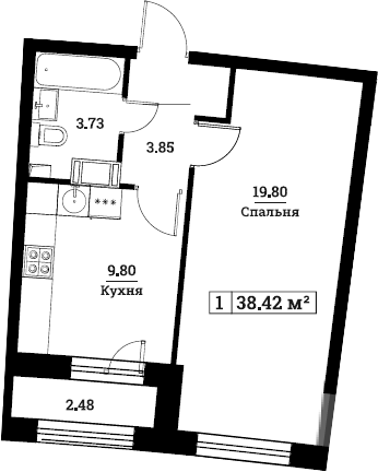 1-комнатная, 38.42 м²– 2