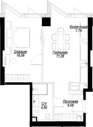 2Е-комнатная, 45.96 м²– 2