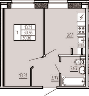 1-комнатная, 30.36 м²– 2
