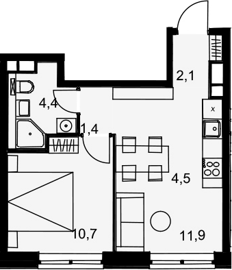 2Е-комнатная, 35 м²– 2