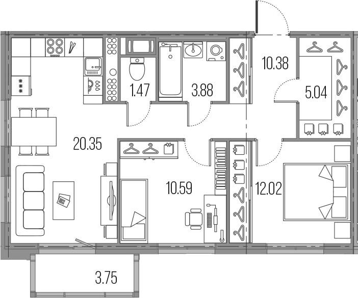 3Е-комнатная, 63.73 м²– 2