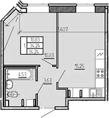 1-комнатная, 34.24 м²– 2