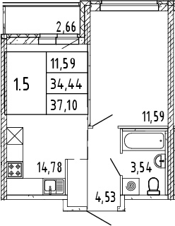 2Е-комнатная, 34.44 м²– 2