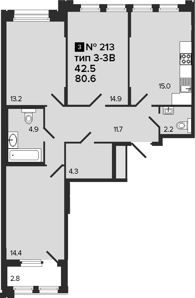 3-комнатная, 80.6 м²– 2